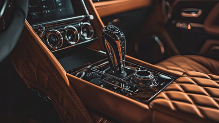 Elegant car interior showcasing premium leather and a detailed gear shift. The luxurious design focuses on comfort and advanced technology, perfect for car enthusiasts.の素材