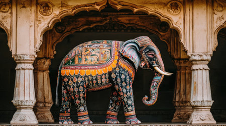 This vibrant decorative elephant statue showcases intricate artistry within ornate Indian architecture, capturing cultural heritage and craftsmanship in a stunning visual.の素材