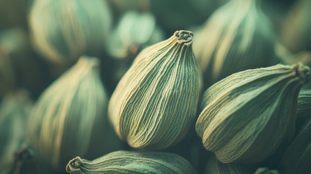A captivating close-up view of green cardamom pods showcases their unique texture and shape, ideal for culinary and herbal themes in photography.の素材