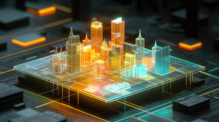 An artistic representation of a futuristic cityscape with glowing neon lights on a circuit board, symbolizing technology and urban innovation.の素材