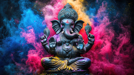 A vibrant and detailed statue of Lord Ganesha, surrounded by colorful smoke. This artistic representation captures the essence of Hindu culture and spirituality.の素材