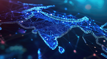 Capture the essence of digital connectivity with this abstract representation of India. The vibrant blue network illustrates modern technology and data flow.の素材