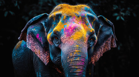 A stunning close-up of a colorful elephant adorned with vibrant Holi powder against a dark background, showcasing beauty and cultural significance in a unique artistic way.の素材