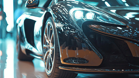 A stunning close-up of a sleek black sports car, showcasing its bright headlights and luxurious design. Perfect for automotive enthusiasts and modern vehicle lovers.の素材