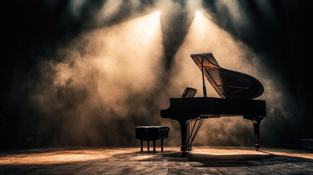 A grand piano stands alone under powerful stage lights, surrounded by a smoky haze, creating a dramatic and intimate ambiance perfect for musical performance.の素材