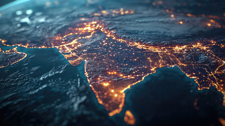 Stunning nighttime satellite view of South Asia showcases illuminated cities, highlighting urban development, cultural richness, and geographical beauty.の素材