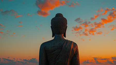 A serene Buddha statue stands in silhouette against a stunning sunset sky filled with colorful clouds, representing tranquility and spiritual reflection.の素材