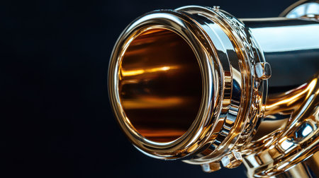 This image showcases a close-up view of a glossy brass exhaust pipe, emphasizing its reflective surface and intricate details. Ideal for automotive and industrial themes.の素材