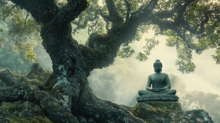 Discover a serene Buddha statue nestled beneath an ancient tree canopy, surrounded by lush greenery. This tranquil forest scene evokes peace and mindfulness.の素材