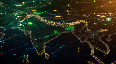 Abstract digital map showcasing network connections over Southeast Asia, featuring glowing lines and data points representing modern technology and communication.の素材