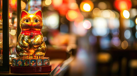This enchanting image features a shiny golden lucky cat figurine surrounded by a warm, festive atmosphere, symbolizing happiness and good fortune.の素材