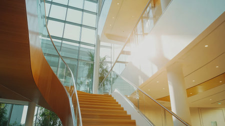 A stunning modern interior features a graceful staircase surrounded by large glass windows, inviting natural light into the open space, creating an elegant atmosphere.の素材