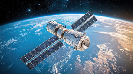 A stunning image of a satellite orbiting Earth, showcasing solar panels and the mesmerizing blue background of the planet's atmosphere, perfect for science and technology themes.の素材
