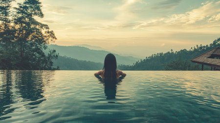 A peaceful scene featuring a woman relaxing in an infinity pool, surrounded by stunning mountains and a tranquil sky, evoking feelings of serenity and escape.の素材