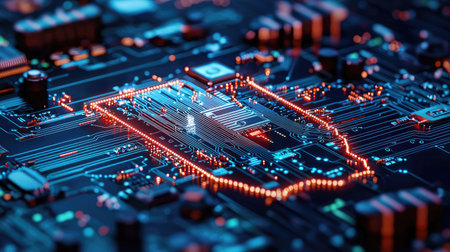 Explore a vibrant close-up of a circuit board featuring intricate designs and glowing neon elements. This image captures the essence of modern technology.の素材