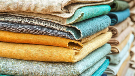 A close-up view of colorful textiles stacked neatly, showcasing various fabrics ideal for craft, sewing, and design projects, perfect for inspiration.の素材