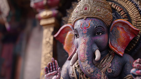 A stunning close-up of an intricately designed statue of Ganesha, symbolizing wisdom and prosperity. The vibrant colors and detailed craftsmanship reflect rich cultural heritage.の素材