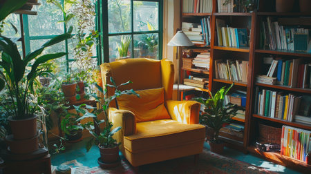 A cozy reading nook featuring a yellow armchair surrounded by lush plants and a bookshelf, bathed in warm sunlight, creating a tranquil and inviting atmosphere.の素材
