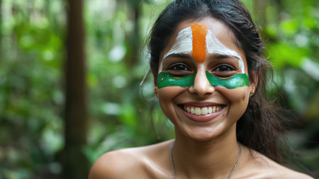 A joyful young woman with colorful face paint smiles radiantly in a lush green environment, capturing the essence of nature, beauty, and cultural celebration.の素材