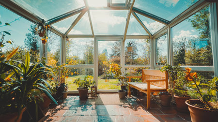 A stunning sunlit conservatory filled with vibrant plants and a cozy wooden bench. Perfect for relaxation and enjoying nature indoors, this tranquil space invites peace and calmness.の素材
