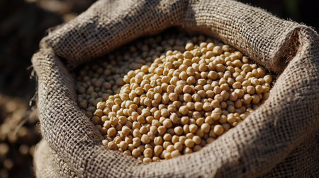 A close-up view of golden soybeans in burlap sacks showcases the natural texture and color, highlighting the essence of agricultural produce in a rural setting.の素材