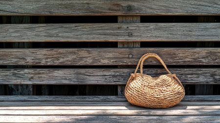 A charming woven basket rests on a rustic wooden bench, bathed in soft natural light. This serene composition highlights simplicity and elegance in everyday life.の素材