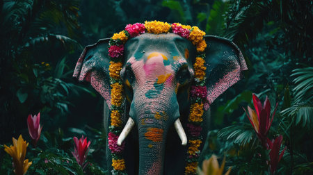 This striking image showcases a colorful elephant adorned with vibrant floral decorations, set against a lush jungle backdrop, highlighting nature's beauty.の素材