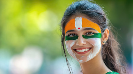 A joyful young woman smiles brightly, showcasing her colorful face paint during a cultural festival. The vibrant colors reflect a rich cultural heritage.の素材