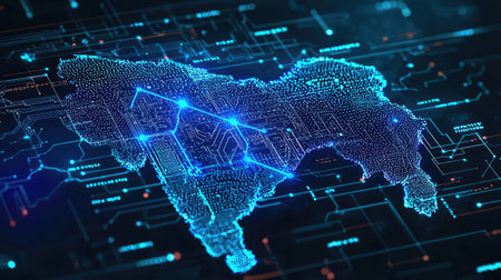 A captivating digital map of India enhanced with circuit patterns and a blue glow, representing technological connectivity and modern innovation.の素材