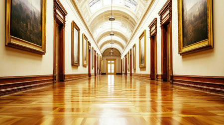 A stunning view of an elegant art gallery hallway featuring beautifully framed paintings, polished wooden floor, and natural light illuminating the space.の素材