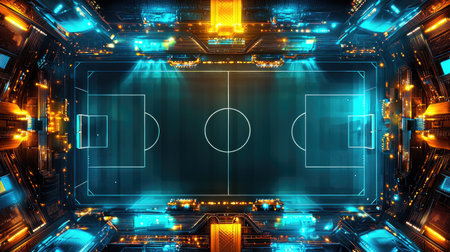 A stunning aerial view of a futuristic soccer field illuminated with neon lights and technology elements, creating a vibrant and dynamic atmosphere for sports enthusiasts.の素材