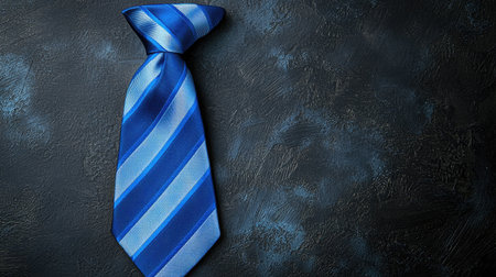 A stylish blue striped tie elegantly arranged on a dark textured background, perfect for showcasing fashion accessories for formal events or business attire.の素材