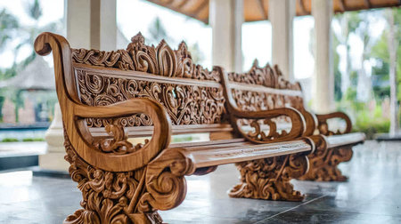Discover beautiful wooden benches showcasing intricate carvings in a lovely outdoor setting, perfect for relaxation or enhancing garden aesthetics.の素材