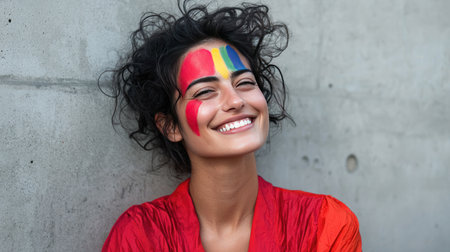 A joyful young woman with colorful face paint smiles brightly against a concrete wall. Her playful expression captures the essence of celebration and happiness.の素材