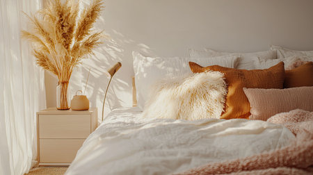 A cozy bedroom scene featuring warm decor, soft textiles, and natural light filtering through sheer curtains, creating a serene and inviting atmosphere.の素材