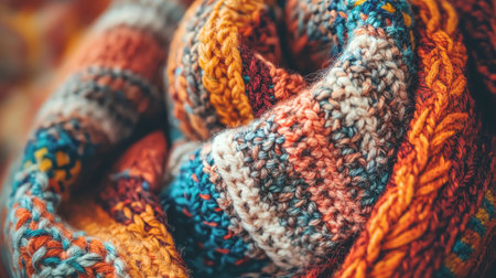 A close-up view of a warm and colorful knitted scarf, showcasing intricate textures and vibrant patterns, ideal for adding style and warmth to any outfit.の素材