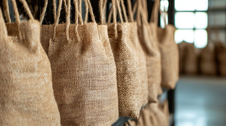 A collection of burlap bags hanging neatly on a rack inside a bright interior, showcasing rustic texture and natural fabric ideal for various creative projects.の素材