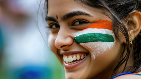 A joyful young woman smiles brightly with her face painted in Indian colors at a lively event, showcasing celebration and national pride.の素材
