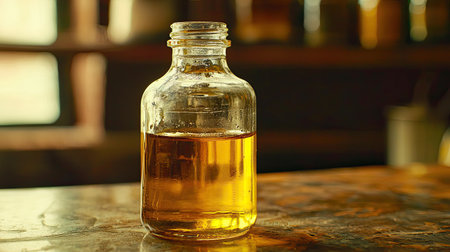 A clear glass bottle filled with organic yellow oil sits on a rustic wooden surface. The natural light highlights the liquid's texture and rich color.の素材