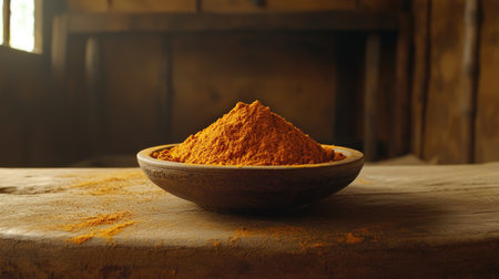 Close-up view of vibrant orange spice powder in a rustic wooden bowl on a weathered table, perfect for showcasing culinary artistry and natural ingredients.の素材