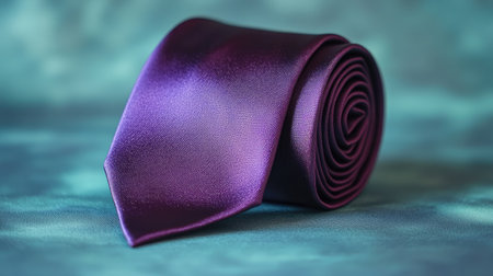 A beautiful purple silk tie elegantly rolled against a soft dark background, showcasing luxurious texture and vibrant color ideal for formal occasions or fashion displays.の素材