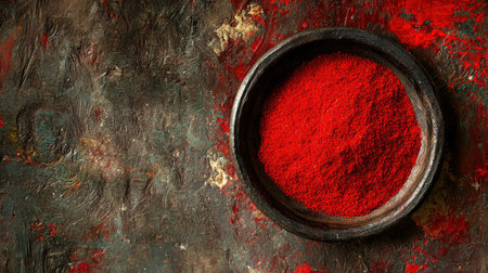 A vibrant red spice powder fills a rustic wooden bowl, set against a textured surface. Ideal for food-related projects, this image captures the essence of flavor and culinary art.の素材