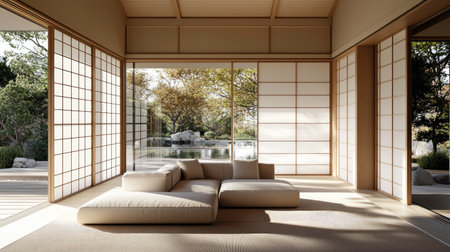 Experience tranquility in a modern living room that showcases Japanese design, featuring ample natural light, a cozy seating area, and seamless indoor-outdoor flow.の素材