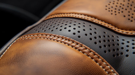 This close-up image showcases the exquisite texture of leather featuring unique stitching and perforations. Ideal for design and crafting themes.の素材