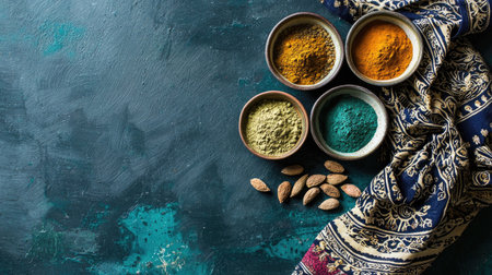 A vibrant arrangement of colorful spices in bowls with almonds on a decorative surface, showcasing the joy of cooking and healthy ingredients.の素材