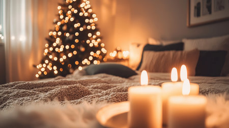 A cozy bedroom adorned with a beautifully decorated Christmas tree and warm candlelight, creating a peaceful, inviting atmosphere perfect for winter festivities.の素材