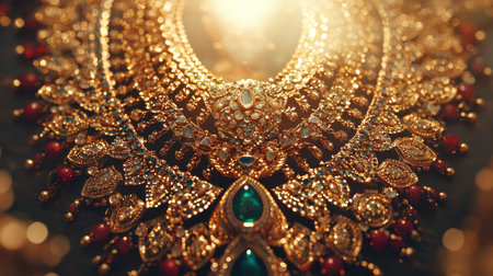 This stunning image features an intricate gold necklace adorned with colorful gemstones, highlighting exquisite craftsmanship and elegant design.の素材
