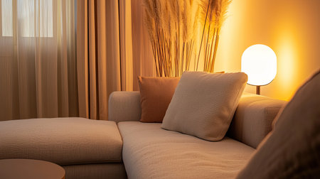 A cozy interior scene showcasing soft textures, warm ambient lighting, and elegant decor elements, perfect for creating a relaxing atmosphere at home.の素材