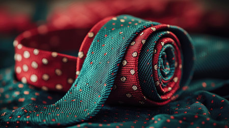 A beautifully styled still life featuring an elegant red and teal polka dot tie rolled elegantly on soft fabric, perfect for fashion and accessory presentations.の素材