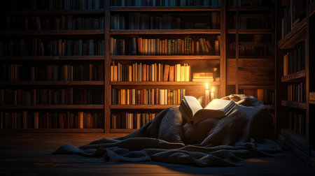 A serene reading nook featuring an open book illuminated by warm candlelight. The cozy atmosphere is enhanced by a soft blanket and wooden shelves lined with books. Perfect for relaxation and inspiration.の素材